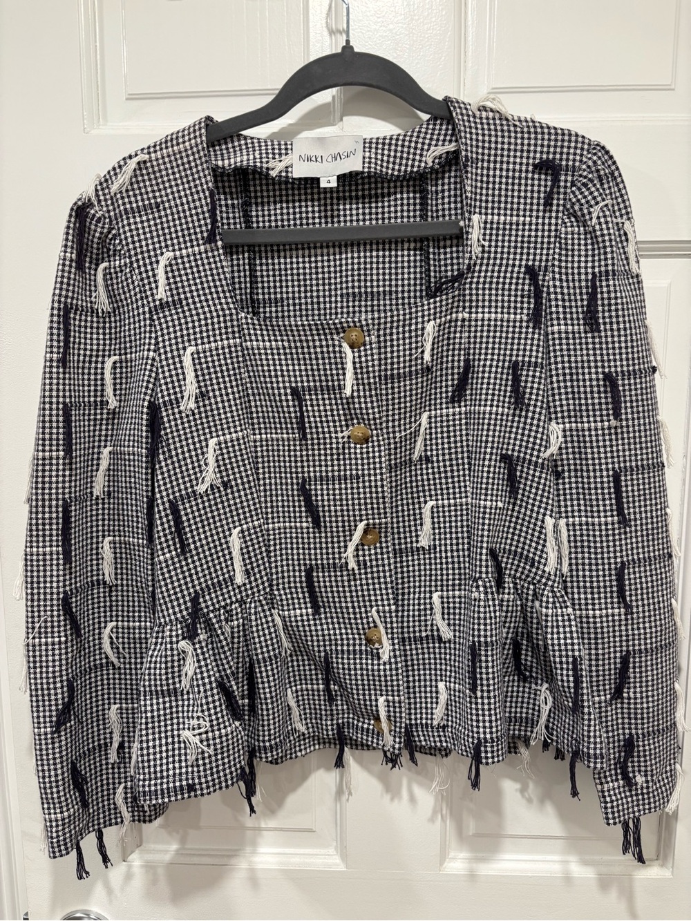 Nikki Chasin Gingham Fringe Cardigan Size 4 Cotton Peplum Tassel Made in USA - Picture 2 of 5